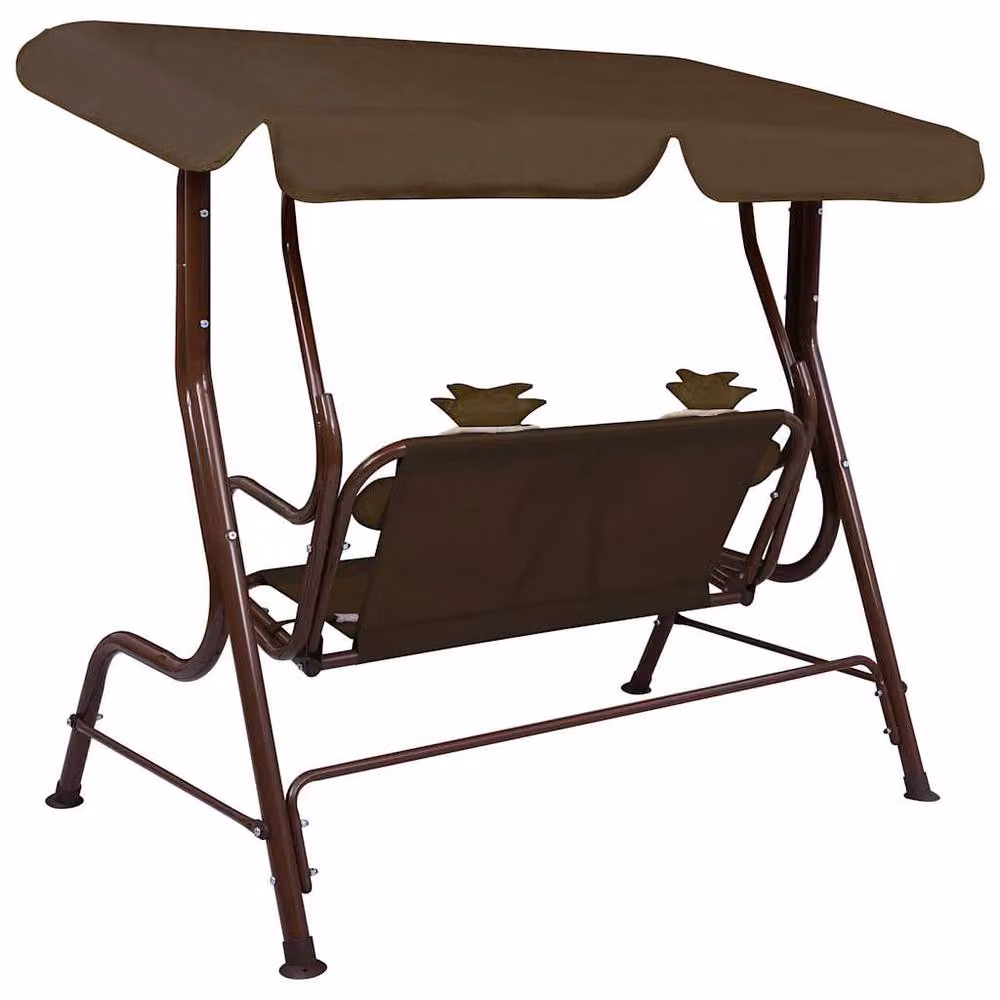 Berkfield Home Kids Swing Bench in Brown with Sun Canopy and Fabric Seat, W/D/H: 115 x 75 x 110 cm – 3