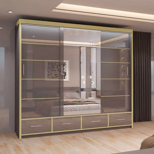 MN Furniture Modern High Gloss Sliding Mirror Wardrobe with Integrated LED Lighting in Grey and Gold, W: 253 cm, H: 220 cm
