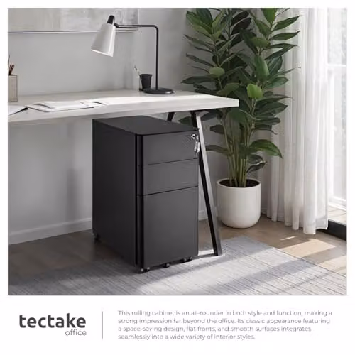 tectake Lockable Mobile Filing Cabinet in Black Steel with 2 A4 Drawers and 1 Hanging File Drawer, W/D/H: 59.5 x 50 x 59.5 cm – 2