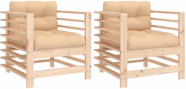 Berkfield Home Set of 2 Rustic Solid Pine Garden Chairs with Beige Cushions