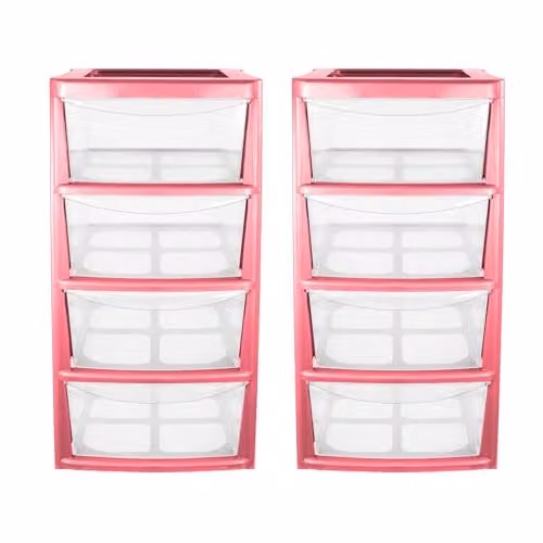 Simpa Mini 4 Drawer Plastic Storage Tower Unit, Pink, Set of 2, H 40 cm x W 19 cm x D 25.5 cm