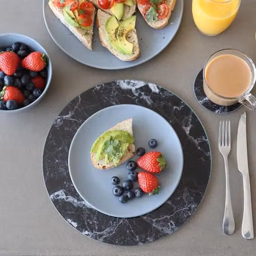 Harbour Housewares 12pc Glass Placemats and Coasters Set, Black Marble Effect, Diameter: 30 cm – 5