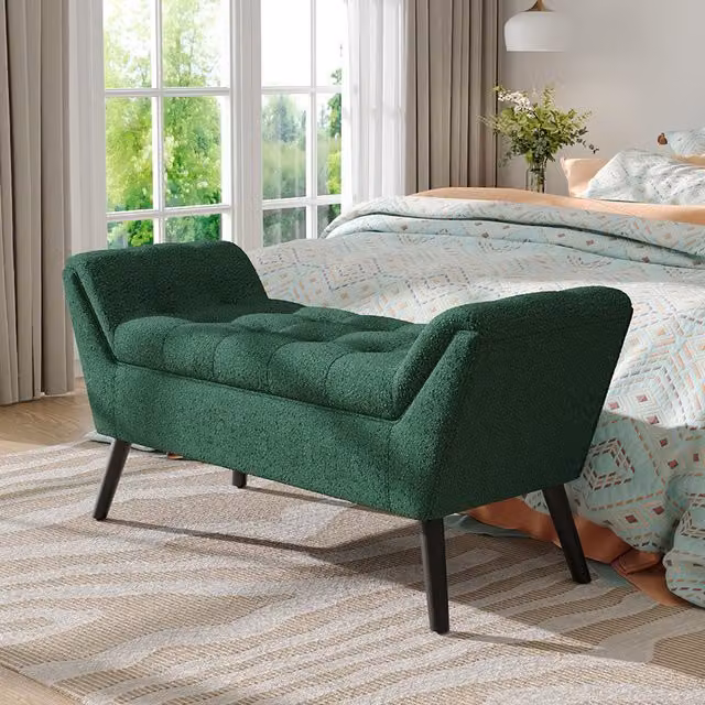 Komore Modern Green Bouclé and Linen Upholstered Bench Seat with Wooden Legs