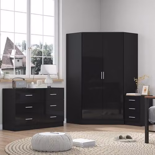 Reflect Modern Bedroom Furniture Bundle: 2 Door Corner Wardrobe, 6 Drawer Chest and 3 Drawer Bedside Table in Gloss and Matt Black – 1