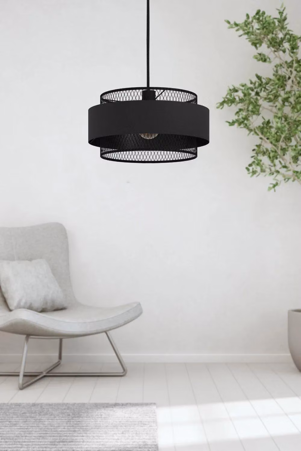 Eglo Bazely Modern Black Fabric and Metal Cylinder Pendant Light – 2