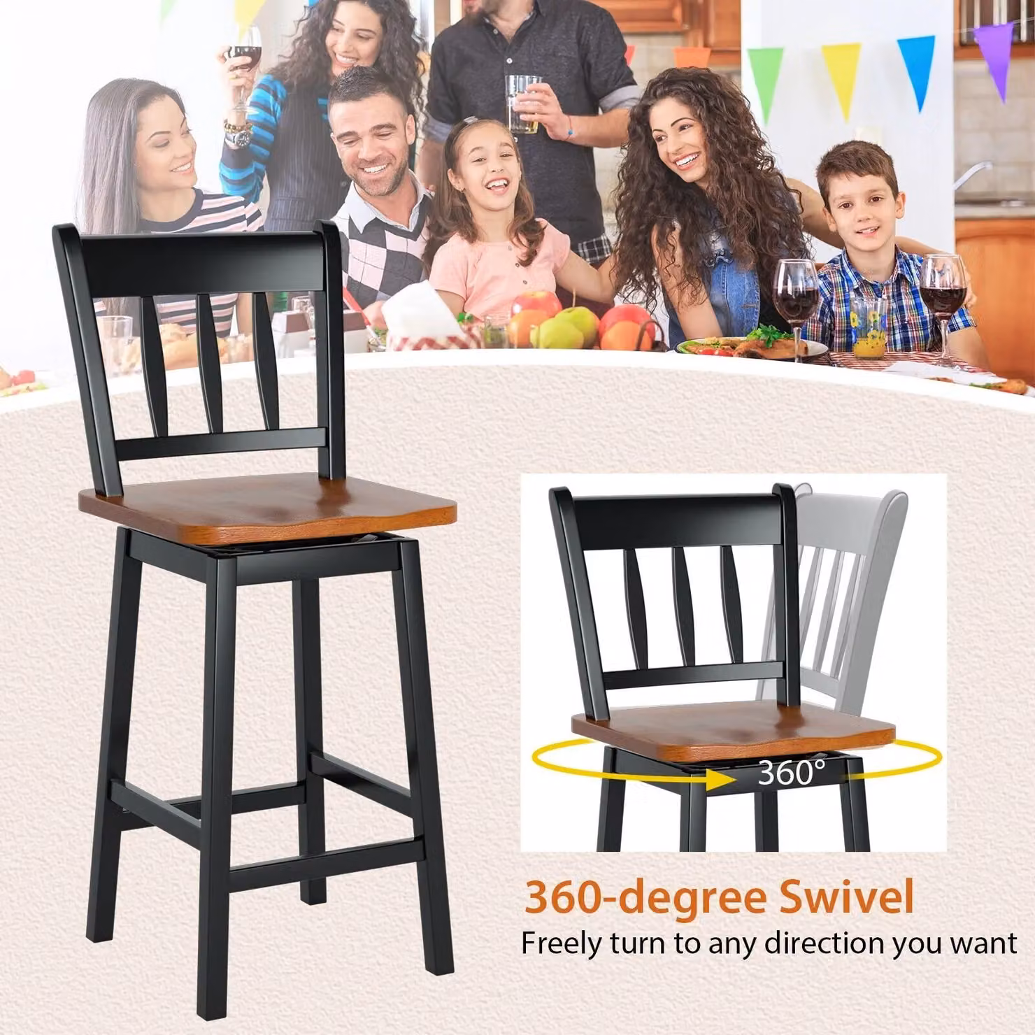 Costway Set of 2 Black Rubberwood Swivel Bar Stools with Backrest and Footrest – 3