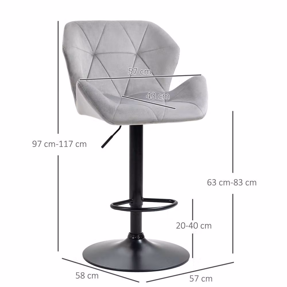 STILVORA Set of 2 Adjustable Height Swivel Bar Stools in Grey Fabric and Metal – 3