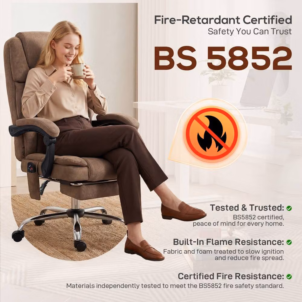 Rolipo Brown Velvet Heated 6-Point Massage Reclining Executive Office Chair with High Back and Headrest – 9