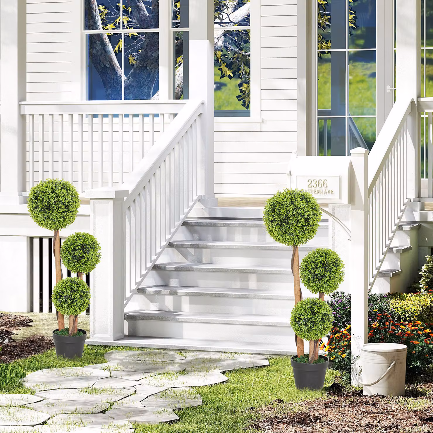 HOMCOM Set of 2 Green Artificial Boxwood Ball Topiary Trees with Concrete Pots for Indoor and Outdoor Tabletop Decor – 6