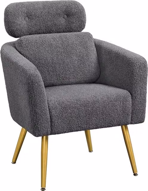 Yaheetech Barrel Shaped Boucle Fabric Tub Chair with Adjustable Headrest in Dark Grey and Gold