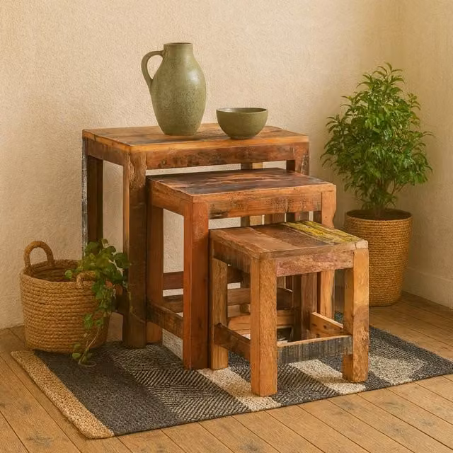 Wyld Haus Seattle Set of 3 Rustic Reclaimed Wood Nesting Tables in Brown