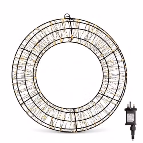 Samuel Alexander 50cm Round Black Metal 3D Christmas Wreath with 720 Warm White LEDs – 3