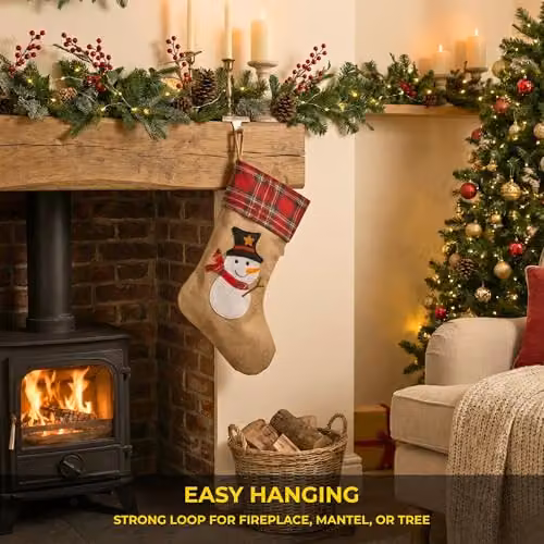 Shatchi Brown Snowman Christmas Stocking, Rustic Burlap Hessian Hanging Sack, W/H: 26 x 25 cm – 6