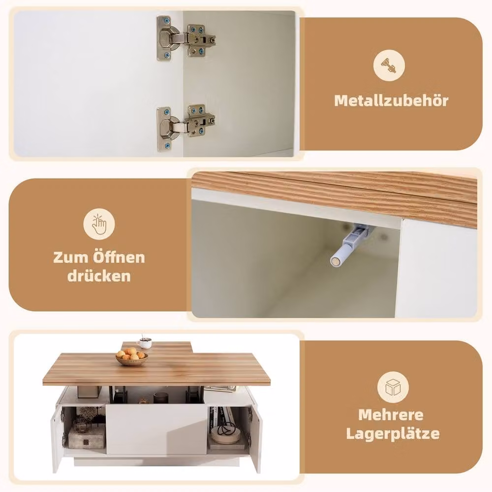 Rolipo White Wood Lift Up Coffee Table with Hidden Storage and Folding Top – 3
