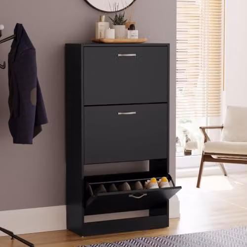 Vida Designs Modern Black Wooden Shoe Cabinet with 3 Tilting Compartments, H 118 x W 60 x D 24 cm – 1