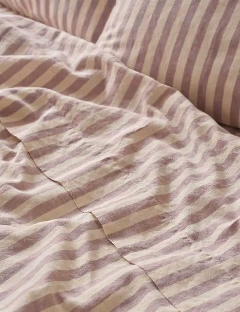 Piglet In Bed Striped Linen Rich Flat Sheet, Purple Mix, W: 180 cm, L: 200 cm