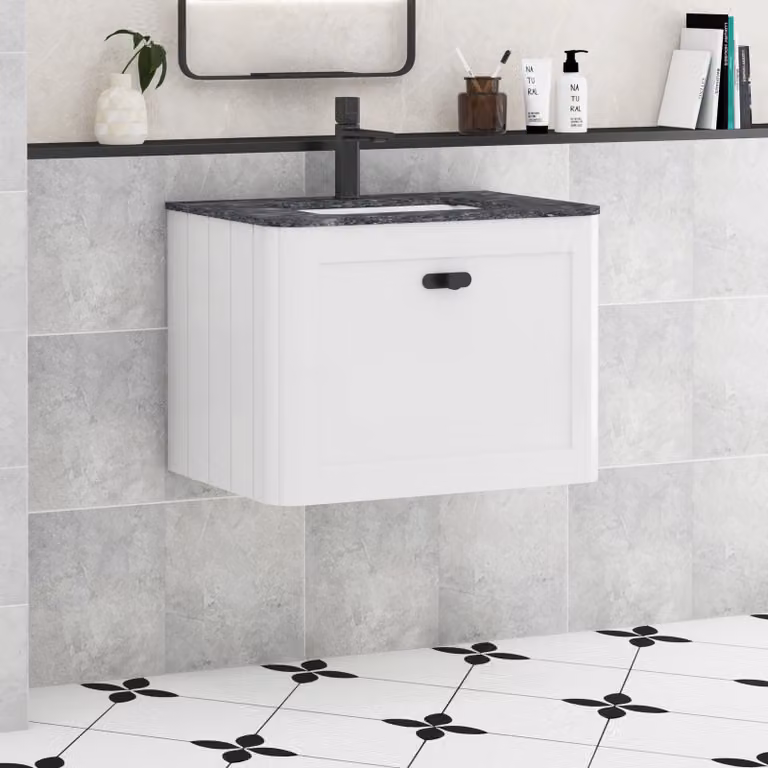 Royal Bathrooms Henley 600mm Gloss White Wall Hung Vanity Unit with Black Star Stone Top and Matt Black Knob