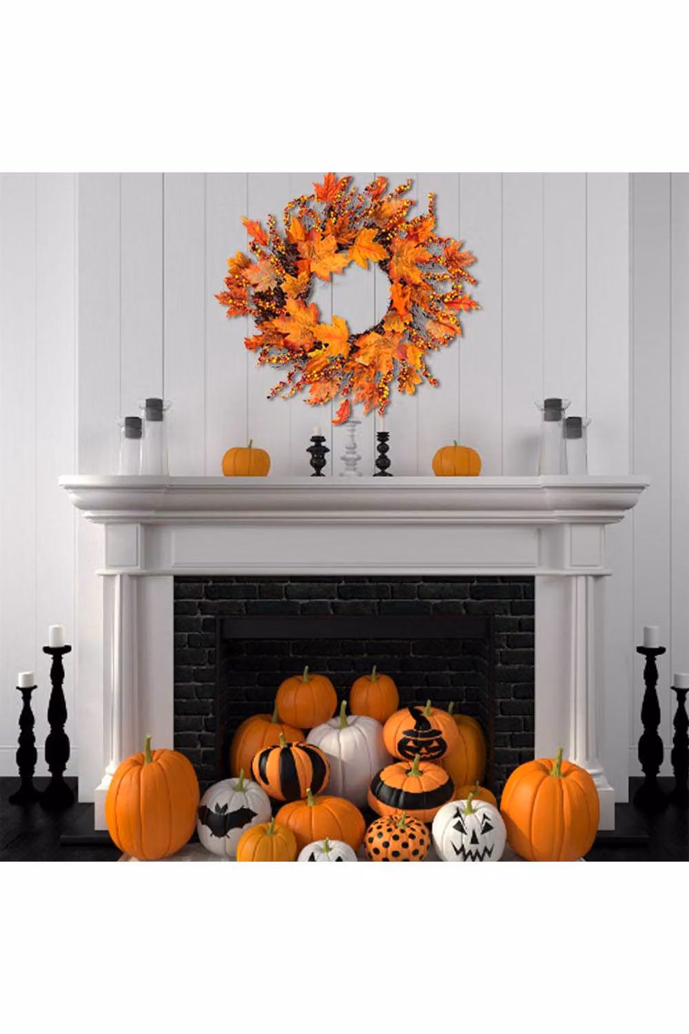 H&O Direct Orange Fall Maple Leaf and Berry Wreath with LED String Lights, Diameter: 45 cm – 3