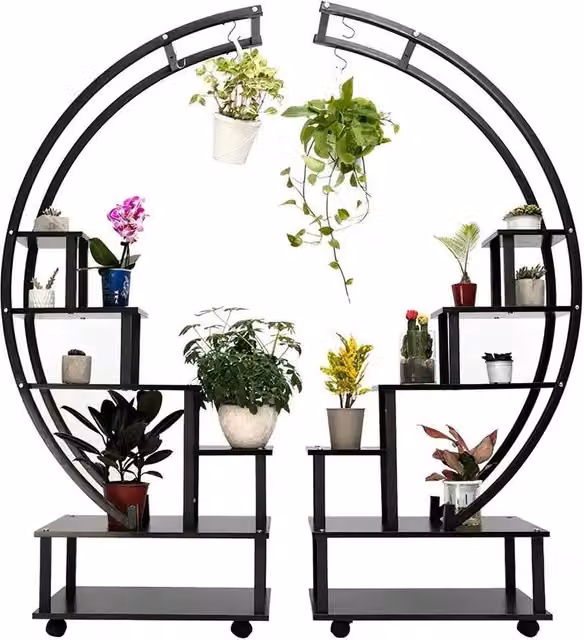 FLAVORA 6 Tier Half Moon Metal and MDF Plant Stand in Matt Black – 1