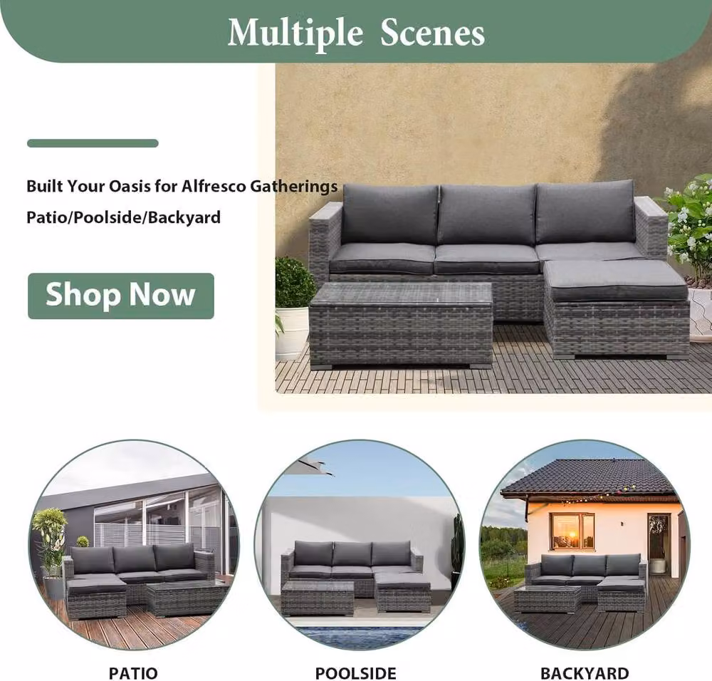 Lishetimig 3-Piece Grey Polyrattan Garden Corner Sofa Set with Upholstered Cushions and Glass Coffee Table – 5