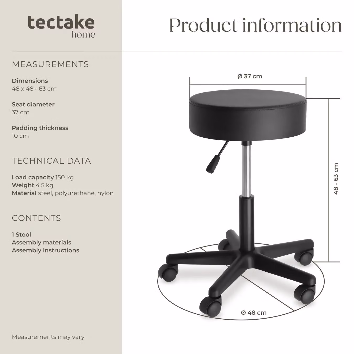 tectake Werner Desk Stool in Black with Synthetic Leather and Castors – 6