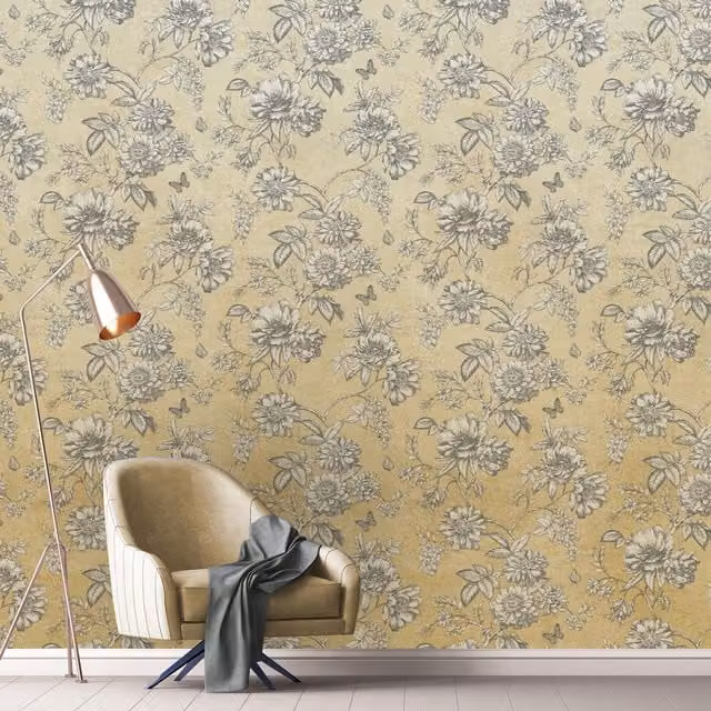 Grandeco Mimosa Mural Wallpaper in Yellow Botanical Floral Vintage Design