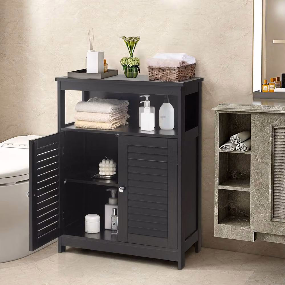 Costway Modern Black Wooden Bathroom Floor Cabinet with Adjustable Internal Shelves and Open Storage Shelf – 9
