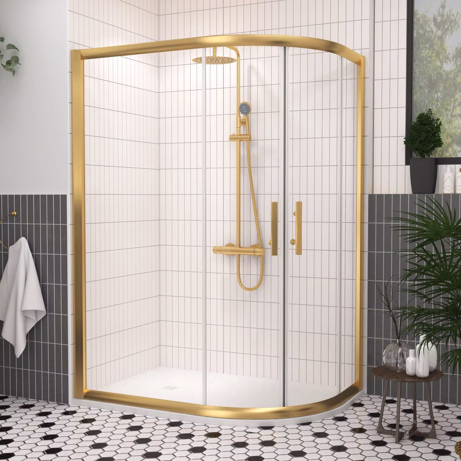 Royal Bathrooms Venice Offset Quadrant Shower Enclosure with White Mineral Cast Stone Tray, Brushed Brass, W: 120 cm, D: 80 cm, 6mm Double Sliding Door