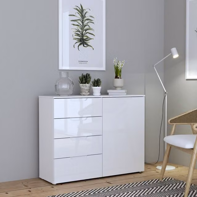 Furniture To Go Sienna 4 Chest of Drawers with 1 Door in White High Gloss