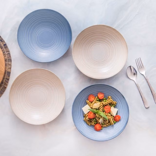 KitchenCraft 4pc Geometric Glazed Stoneware Pasta Bowl Set in Blue, Diameter: 22 cm