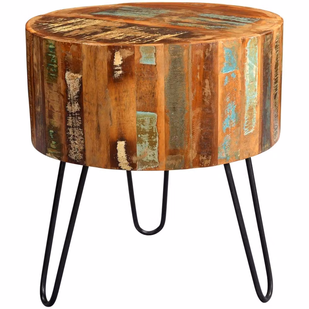 Wyld Haus Seattle Industrial Round Reclaimed Wood Drum Side Table with Metal Hairpin Legs in Brown and Black – 4