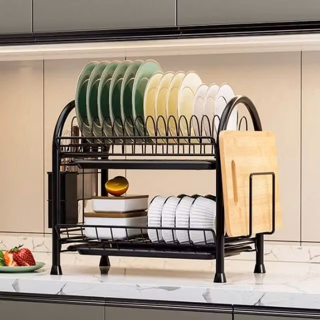 SPETLEK 2 Tier Dish Drainer Rack with Drip Tray and Cutlery Holder in Black – 1