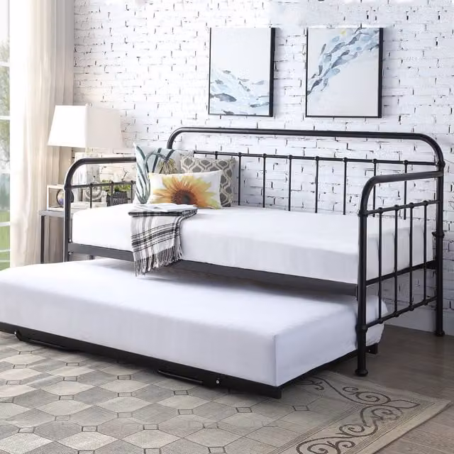 SlumberWorx Ickleford Industrial Metal Day Bed Frame with Trundle in Black, 90 x 190 cm