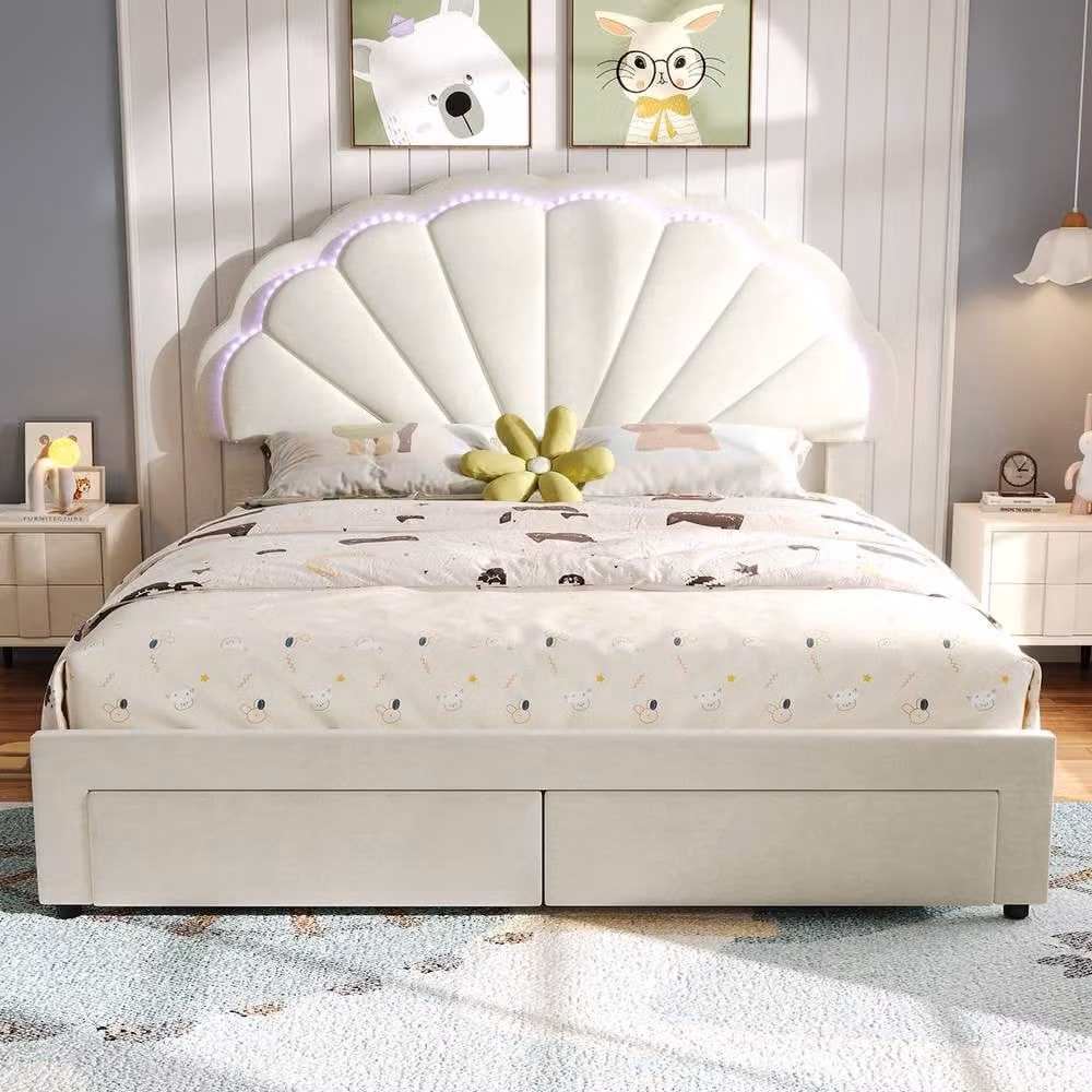 ModernLuxe Beige Velvet Double Bed with 2 Drawers, Shell-Shaped Headboard and LED Under-Bed Lighting, W/D/H: 135 x 190 x 148 cm – 2