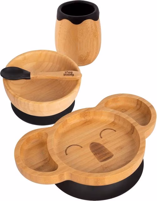 Tiny Dining Koala Bamboo and Silicone 4-Piece Baby Feeding Set in Black