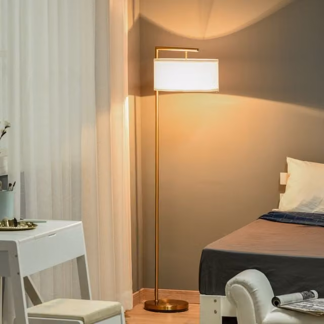 HOMCOM Modern Tall Floor Lamp with White Fabric Cylinder Shade and Gold Brass Metal Base, H 153 x W 37 x D 47 cm – 1