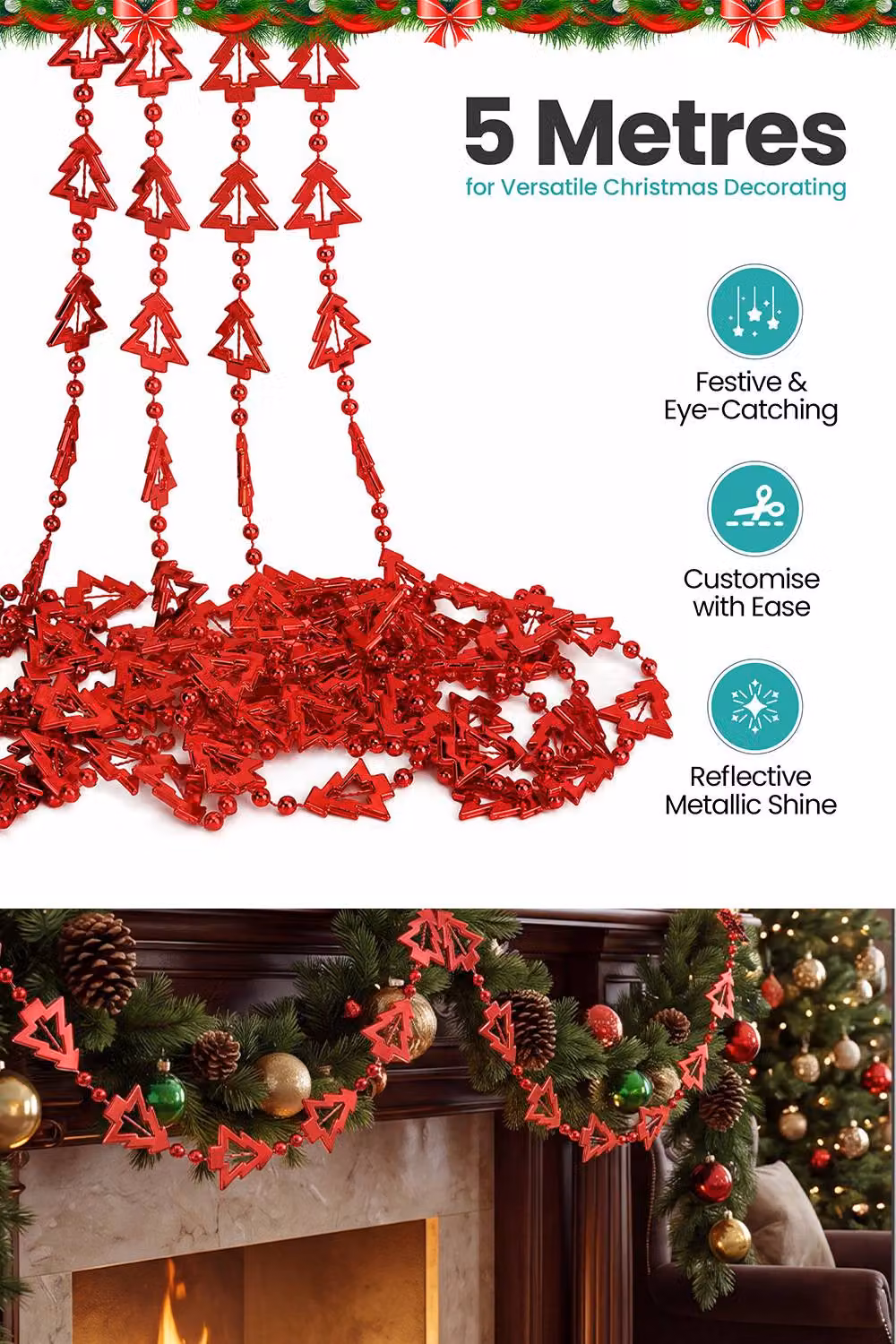 Neel Blue Red Metallic Christmas Tree Bead Garland, 5m Hanging Chain Decoration – 2