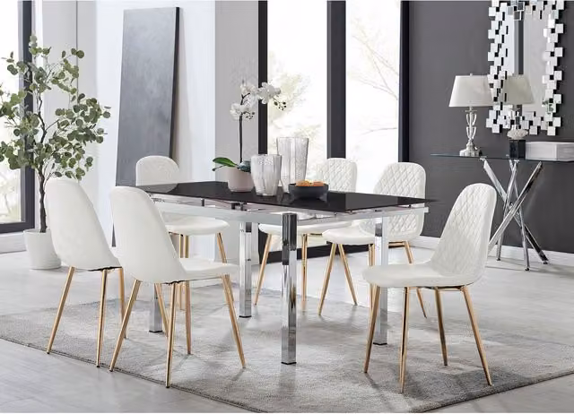 Furniturebox Enna Black Glass Extending Dining Table and 6 Corona Gold Leg Chairs in White