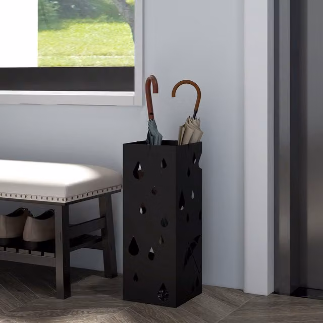 HOMCOM Square Metal Umbrella Stand with 4 Hooks and Removable Tray, Black