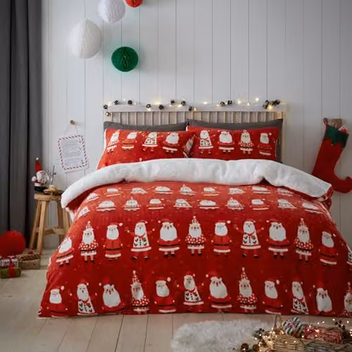 Bedlam Jolly Santa Reversible Christmas Fleece Duvet Cover and Pillowcase Set in Red and White, W/D/H: 200 x 200 cm