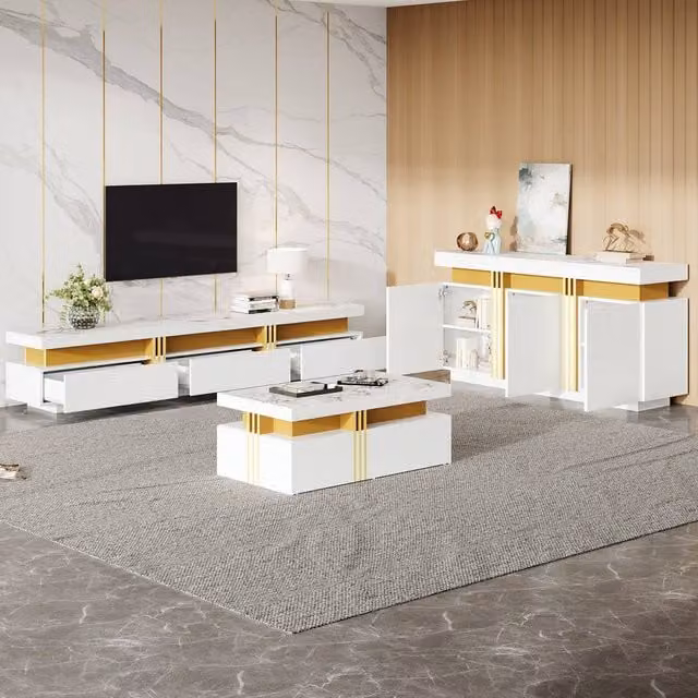 Matteo Modern White and Gold Marble Pattern Living Room Furniture Set with Media Compartments