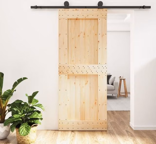 Berkfield Home Modern Sliding Door with Hardware Set, Solid Wood Pine, Brown, W: 85 cm, H: 210 cm