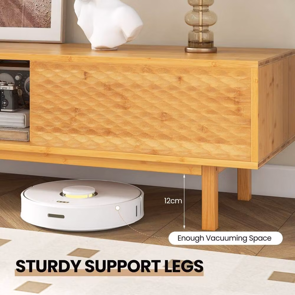 Costway Mid Century Modern Bamboo TV Stand in Natural Brown, W: 160 cm – 2