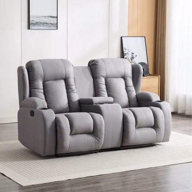 More4Homes Caesar 2 Seater Grey Fabric Manual Recliner Sofa with Drinks Console W: 178 cm, D: 105 cm, H: 98 cm