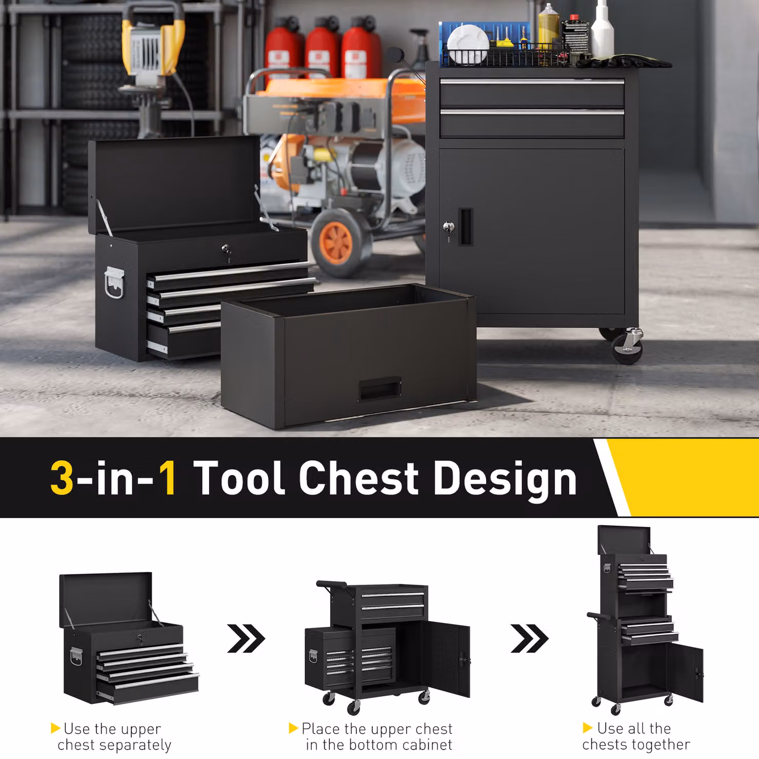HOMCOM Three-Part Lockable Steel Tool Chest in Black – 5