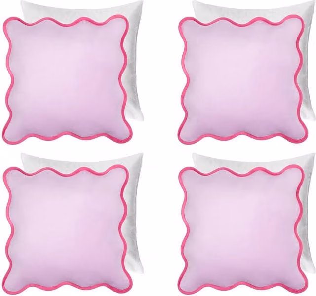 OHS Pack of 4 Square Matte Velvet Scallop Edge Filled Cushions in Purple and Pink