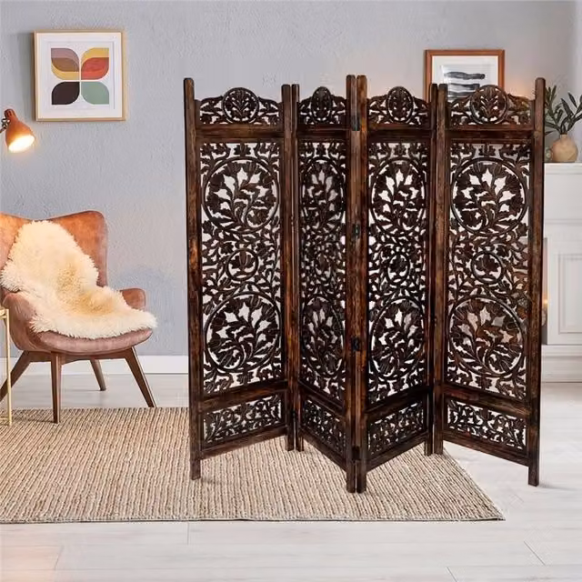 Topfurnishing 4 Panel Lotus Carved Wooden Room Divider Screen in Brown and White