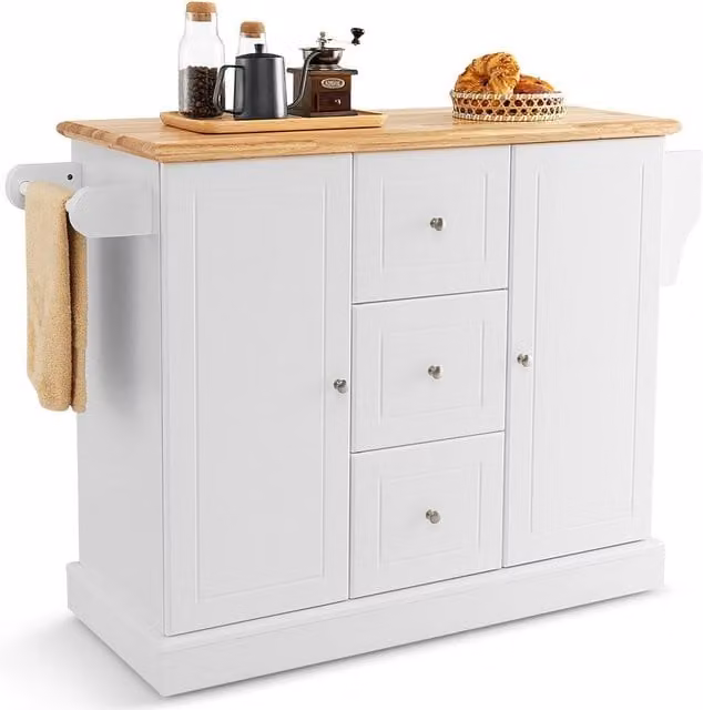 Gymax Kitchen Island Cart Food Storage Trolley with 3 Drawers and 5 Wheels in White – 1