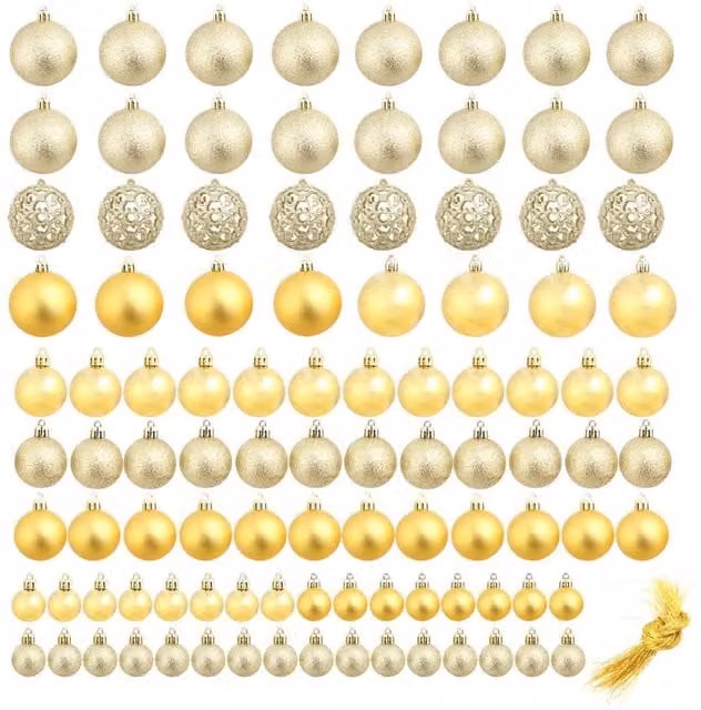 Berkfield Home 100 Piece Gold Christmas Bauble Set, Round Hanging Ornaments in 3 cm, 4 cm and 6 cm Sizes