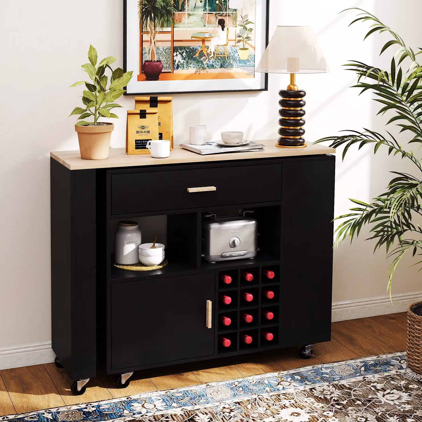 Gymax Kitchen Island Wine Bar Table Combo, Reversible Mobile Serving Cart in Black Rubberwood – 3